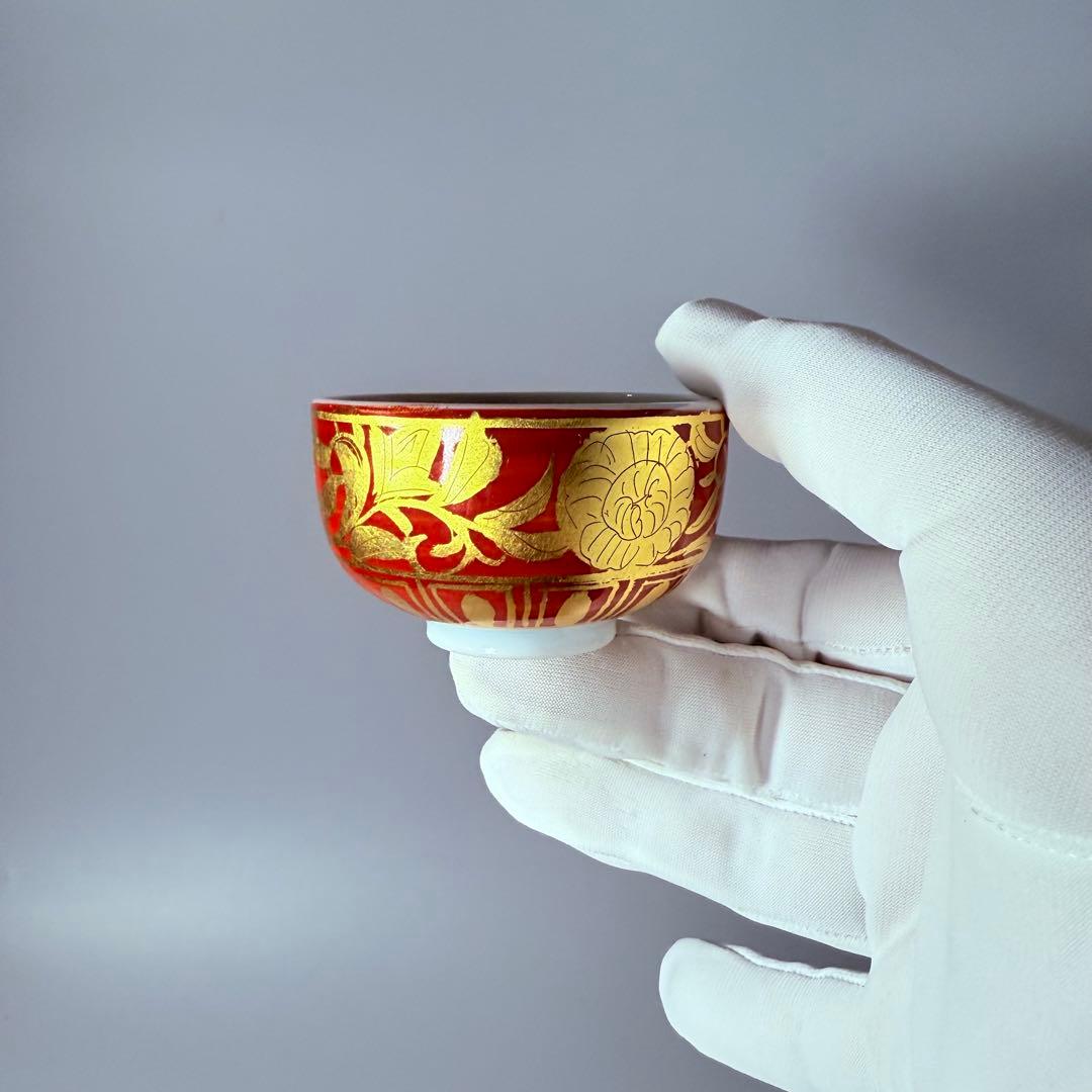 小野珀子 金襴手ぐい吞み 朱杯 玉杯 本物保証 共箱 共布