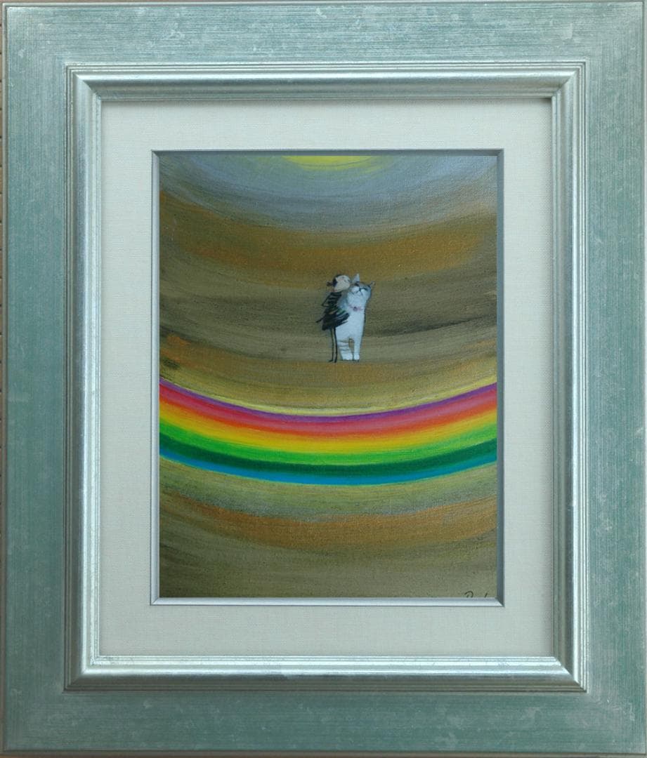 油絵 絵 絵画インテリア 額付(白) F3-030919 可愛い子猫子犬と女の子