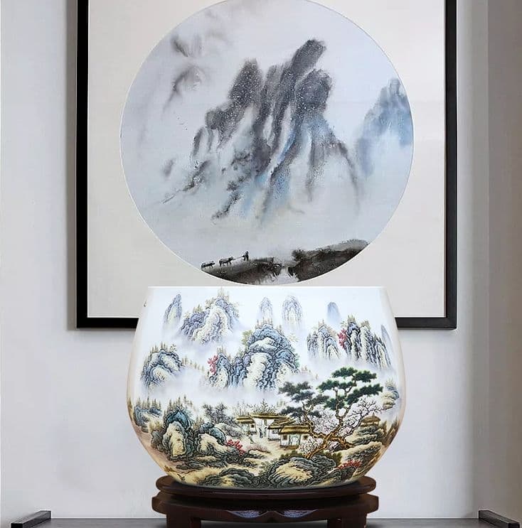 九谷焼 古九谷 赤絵金彩 雲龍山水人物文 蓋物 時代箱付 D R6009