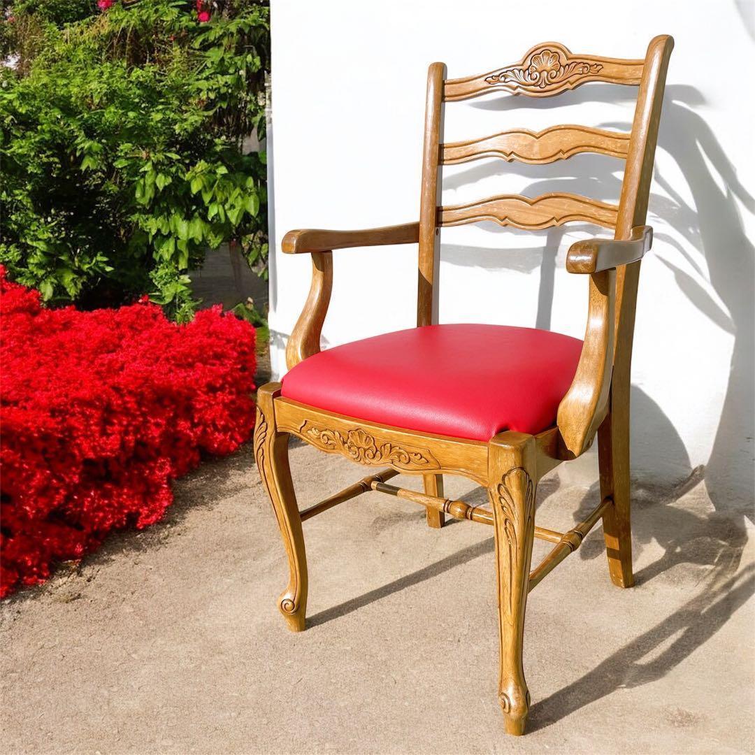 【極美品】フランスアンティーク アームチェア ダイニングチェア 猫脚 赤レザー① 極美品】フランスアンティーク アームチェア ダイニングチェア 猫脚 赤