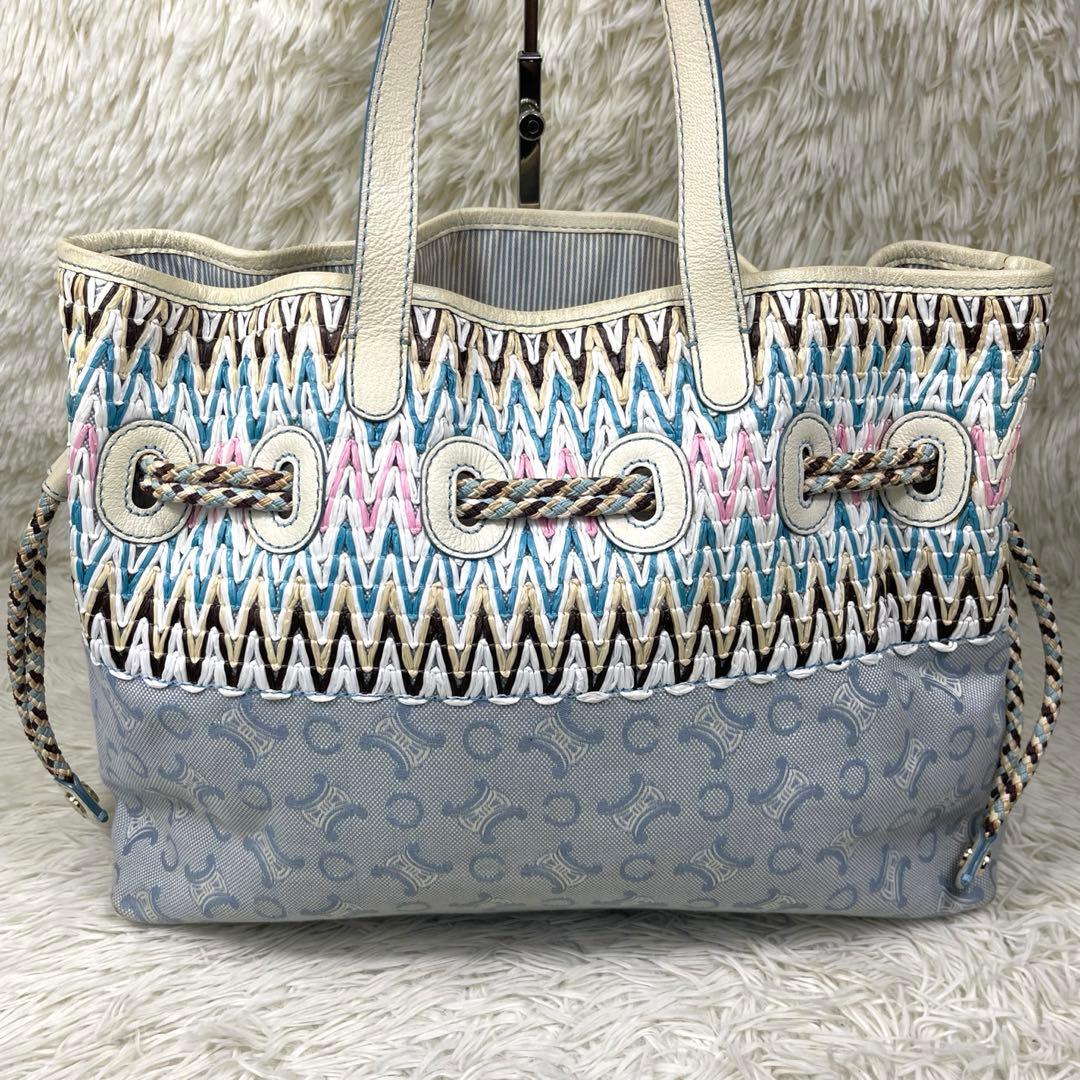 CELINE ハンドバッグ　Cマカダム　ストローハンドバッグ　キャンバス