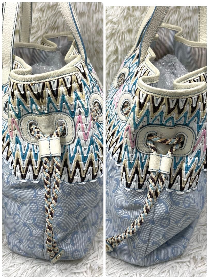 CELINE ハンドバッグ　Cマカダム　ストローハンドバッグ　キャンバス