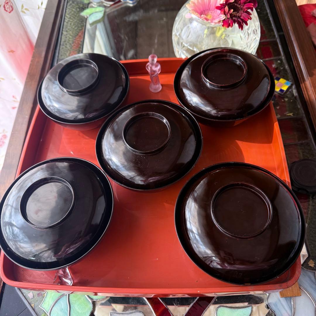 2182様感謝‼️JAPAN明治伏せ蒔絵天然木秘するが花‼️梅に鶯＆月　吸物椀 5客