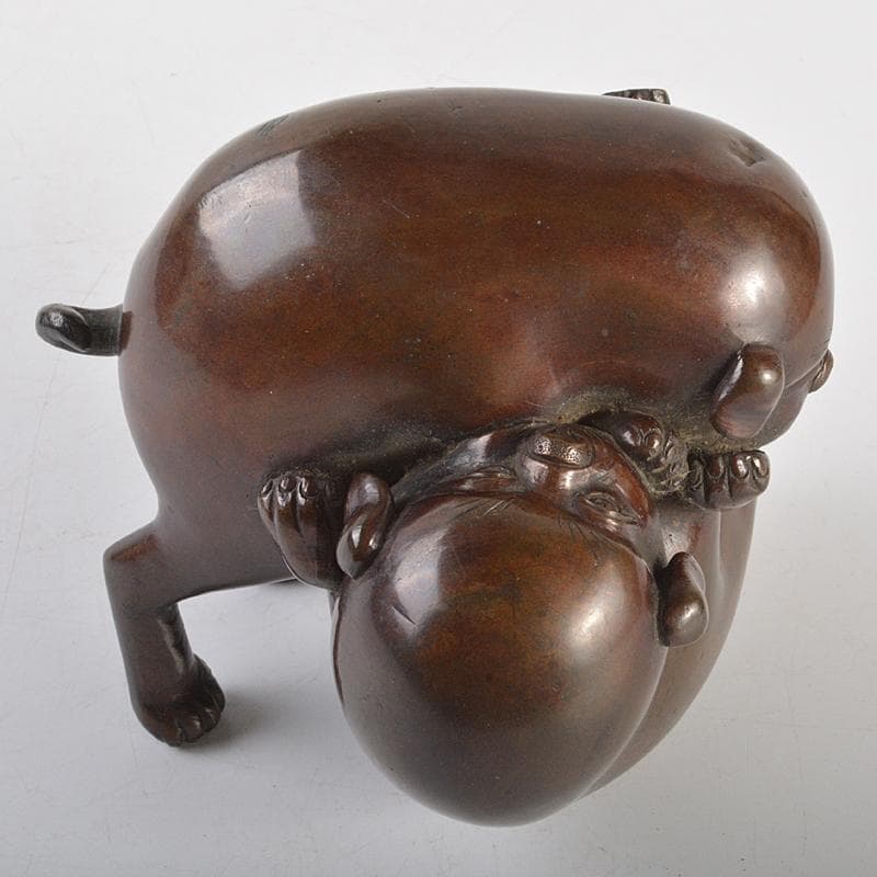 明治金工　古銅　子犬　双犬　置物　G　R6994