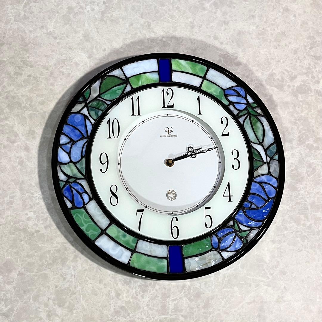【新品】クイーン エリザベス2 ステンドグラス掛け時計　花時計