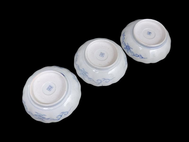 古伊万里 線描き クルス紋に花の図 膾皿 3客 D505AS-CZp