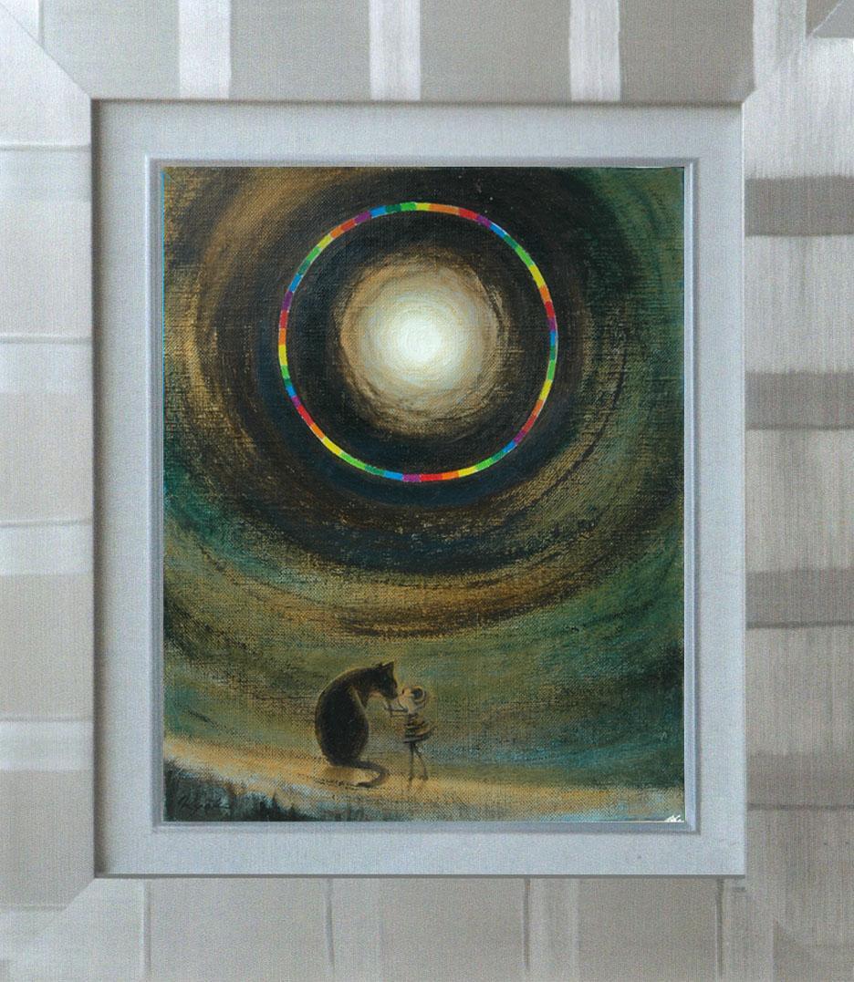 油絵 菅家令子絵 絵画インテリア額付(黒) F3-051821 祈り犬猫 女の子