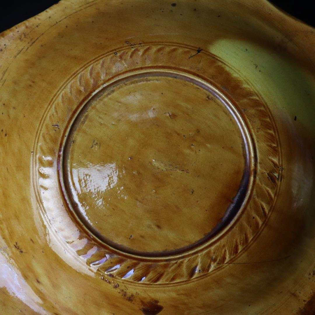 江戸時代 珉平焼 黄釉獅子図皿 木箱付 淡路焼