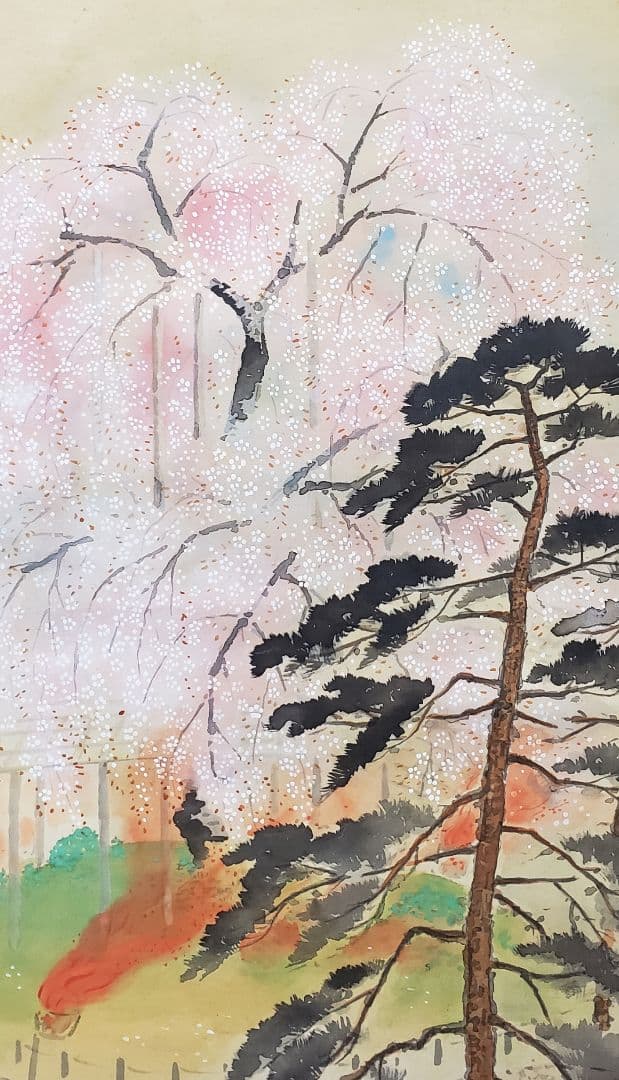 【舞妓円山花見夜桜図】小松華影 711 円山公園垂れ桜　京都　掛け軸　肉筆