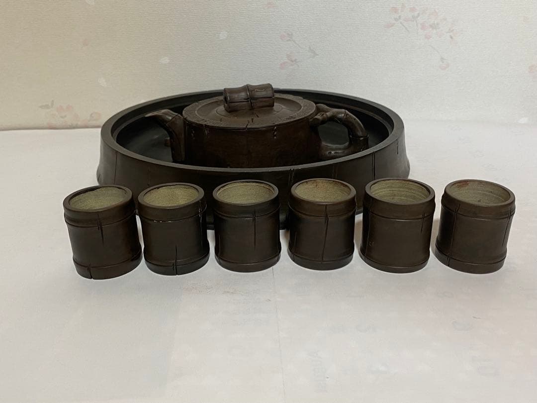 ♢中国？台湾 竹節形 茶道具1式 茶壺 茶碗 盆 急須 紫泥 煎茶道具