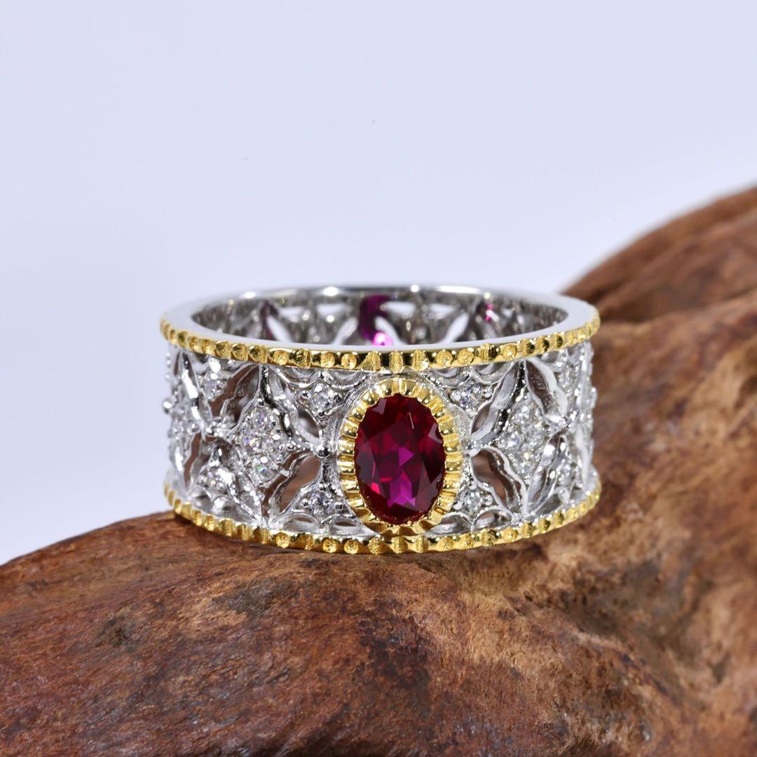 【けいこ様】ラボグロウン・ルビー 彫金ワイドリング／クラシックアンティーク