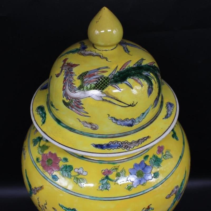 清康熙黄地粉彩龍鳳紋将軍茶壺 景徳鎮 陶磁器 装飾品 現代工芸品 美術品 置物