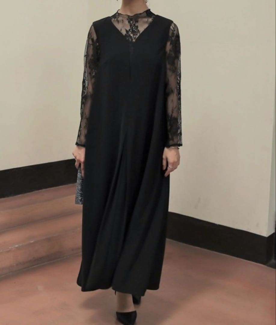 epic day メローレースAラインロングドレス　ブラック　パーティードレス