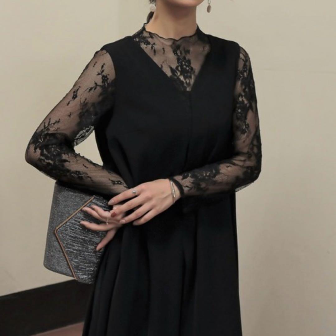 epic day メローレースAラインロングドレス　ブラック　パーティードレス