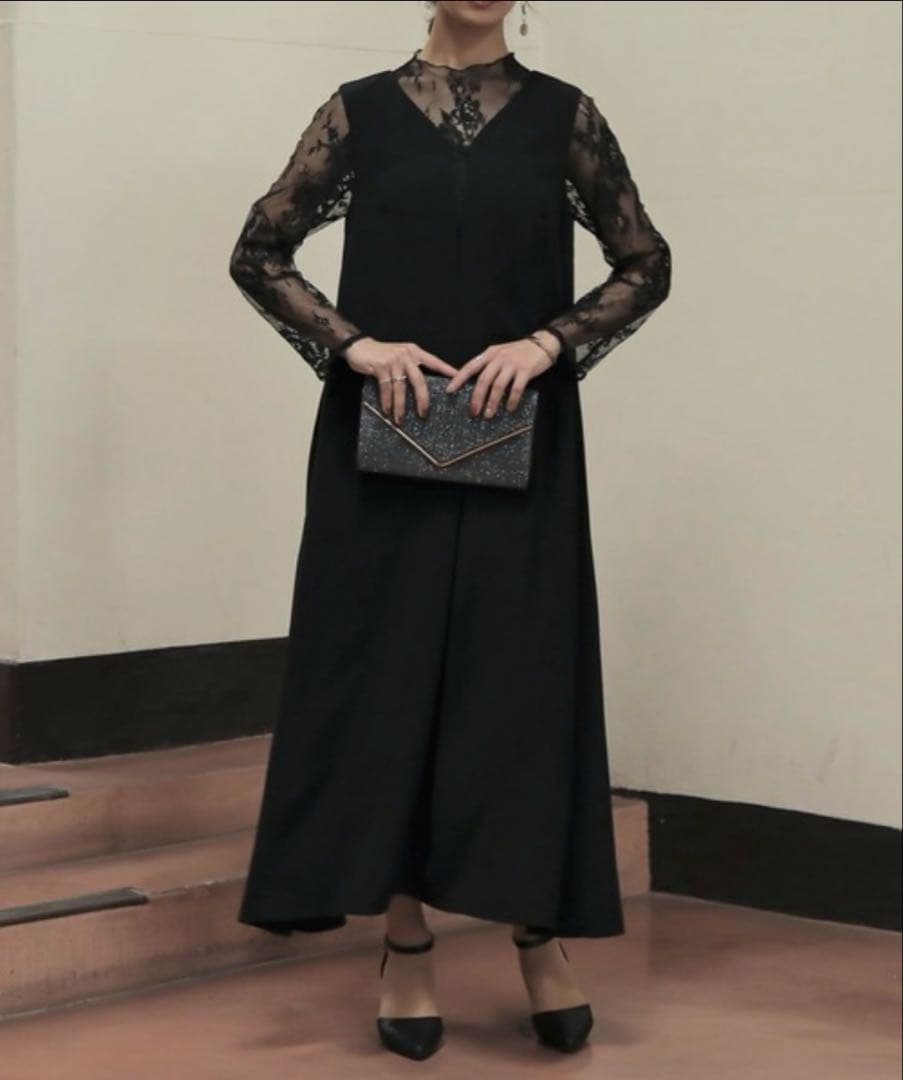 epic day メローレースAラインロングドレス　ブラック　パーティードレス