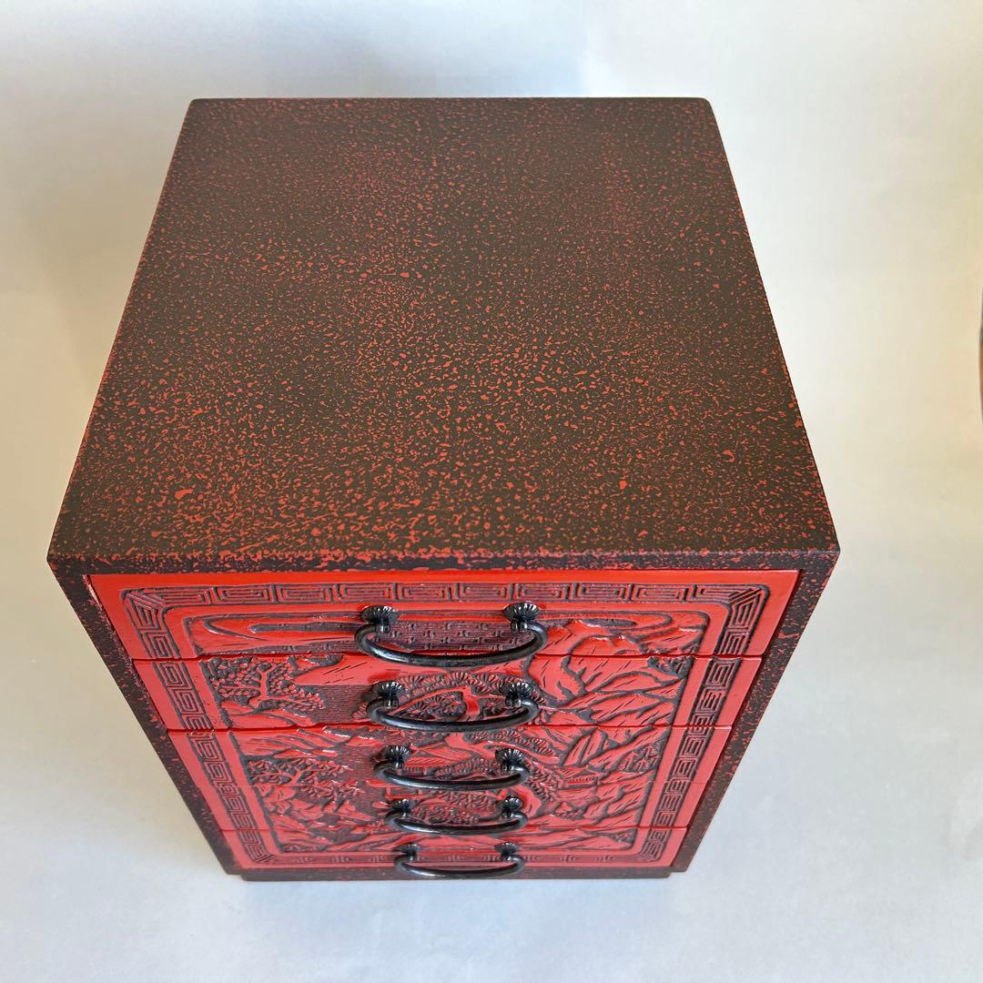 【希少】 堆朱　漆器　手彫り　引き出し 小箪笥 木製 松 伝統工芸 和箪笥 5段