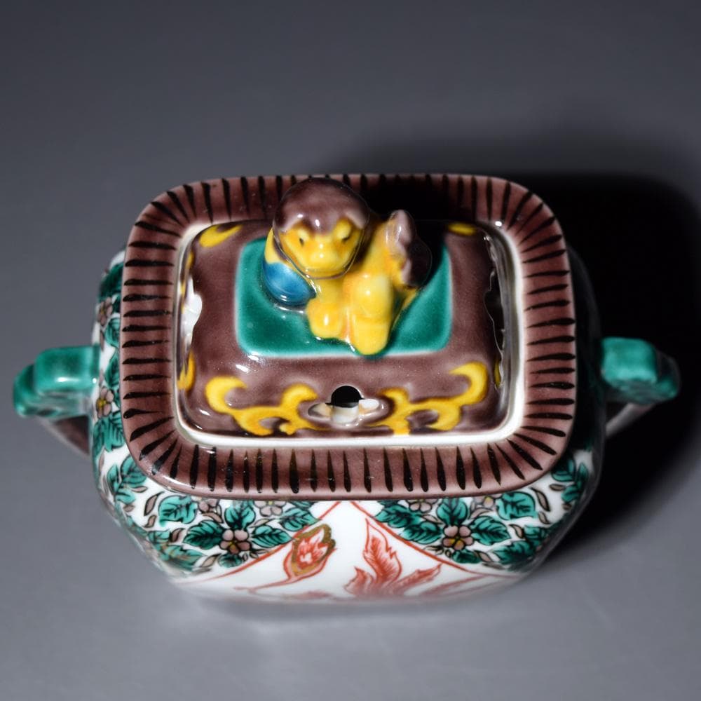 九谷焼 香炉 覚山 獅子摘 青手 鳳凰 獅子 香道具 茶道具 仏具