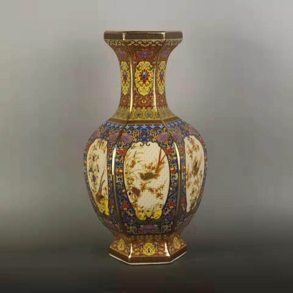 高品質 琺瑯彩花鳥六方陶器瓶花瓶置物 琺瑯彩蒔花鳥六方花瓶