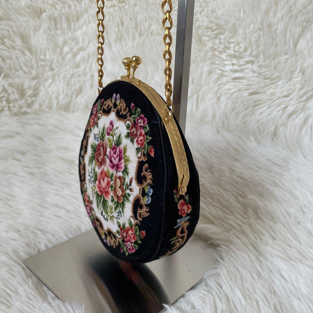 プチポワン　ラウンド型　バッグ　お花 アンティーク　良品　希少