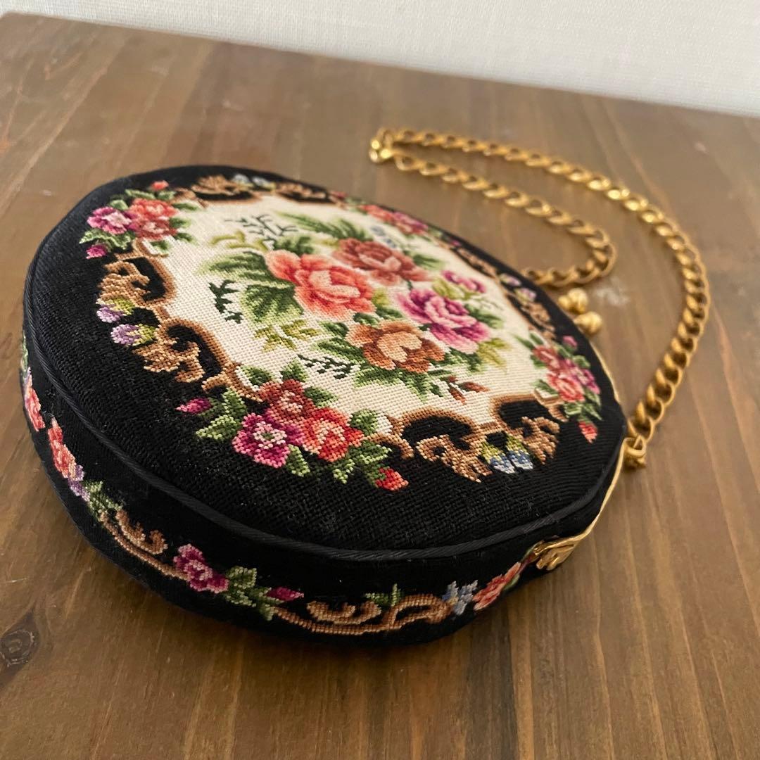 プチポワン　ラウンド型　バッグ　お花 アンティーク　良品　希少