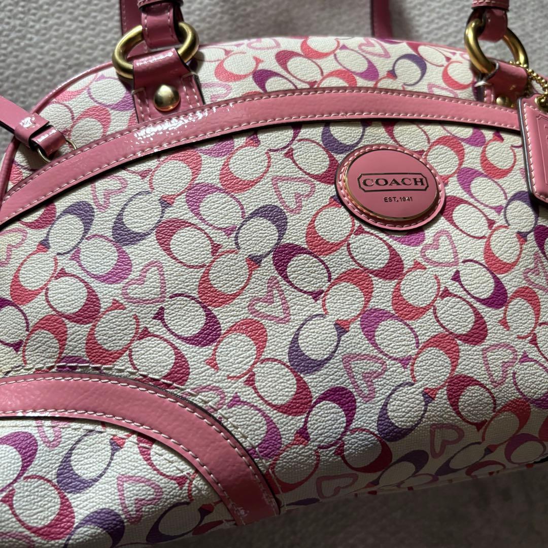 美品　COACH　コーチ　シグネチャー　Y2K ミニボストン　ピンク　ハート