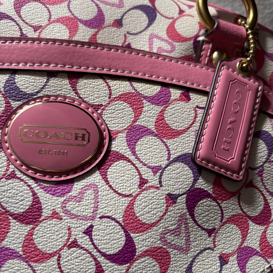 美品　COACH　コーチ　シグネチャー　Y2K ミニボストン　ピンク　ハート
