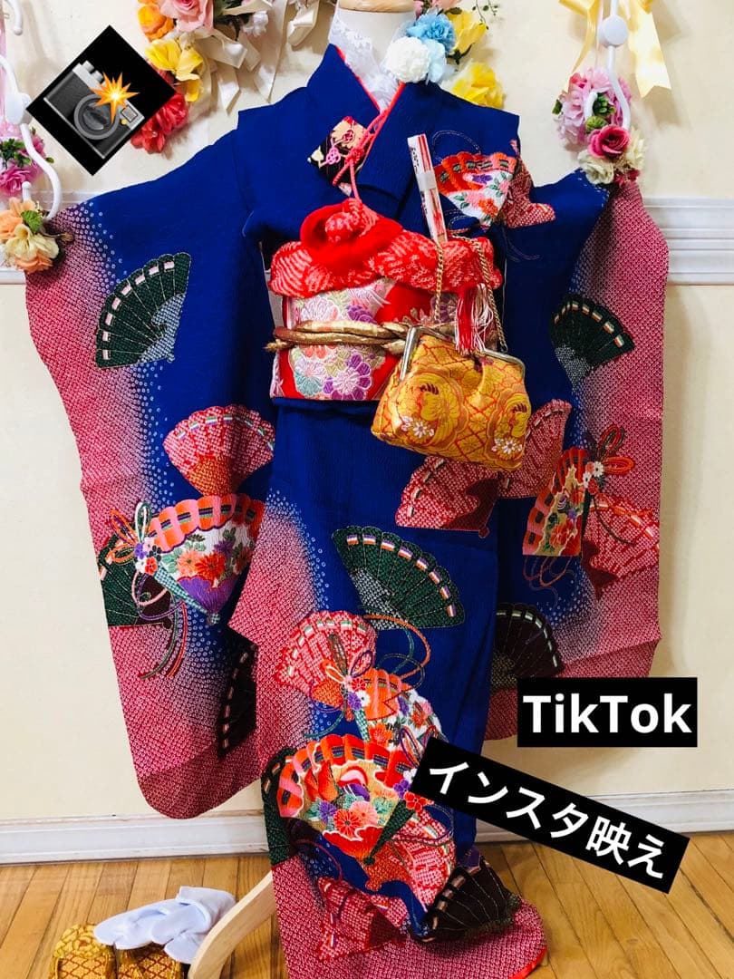 七五三7歳❣️人気Blue暈し絞り柄❣️扇鴛鴦花々金彩煌びやか際立つ完全フルセット❣️