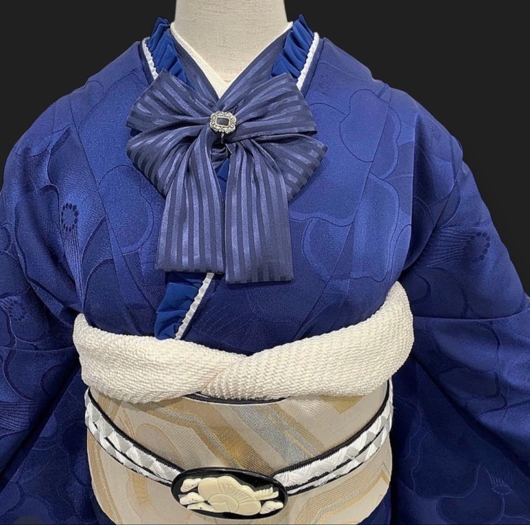 新品 洗える振袖 和風館 【無地 椿 ネイビー】丹後ちりめん☆卒業式の
