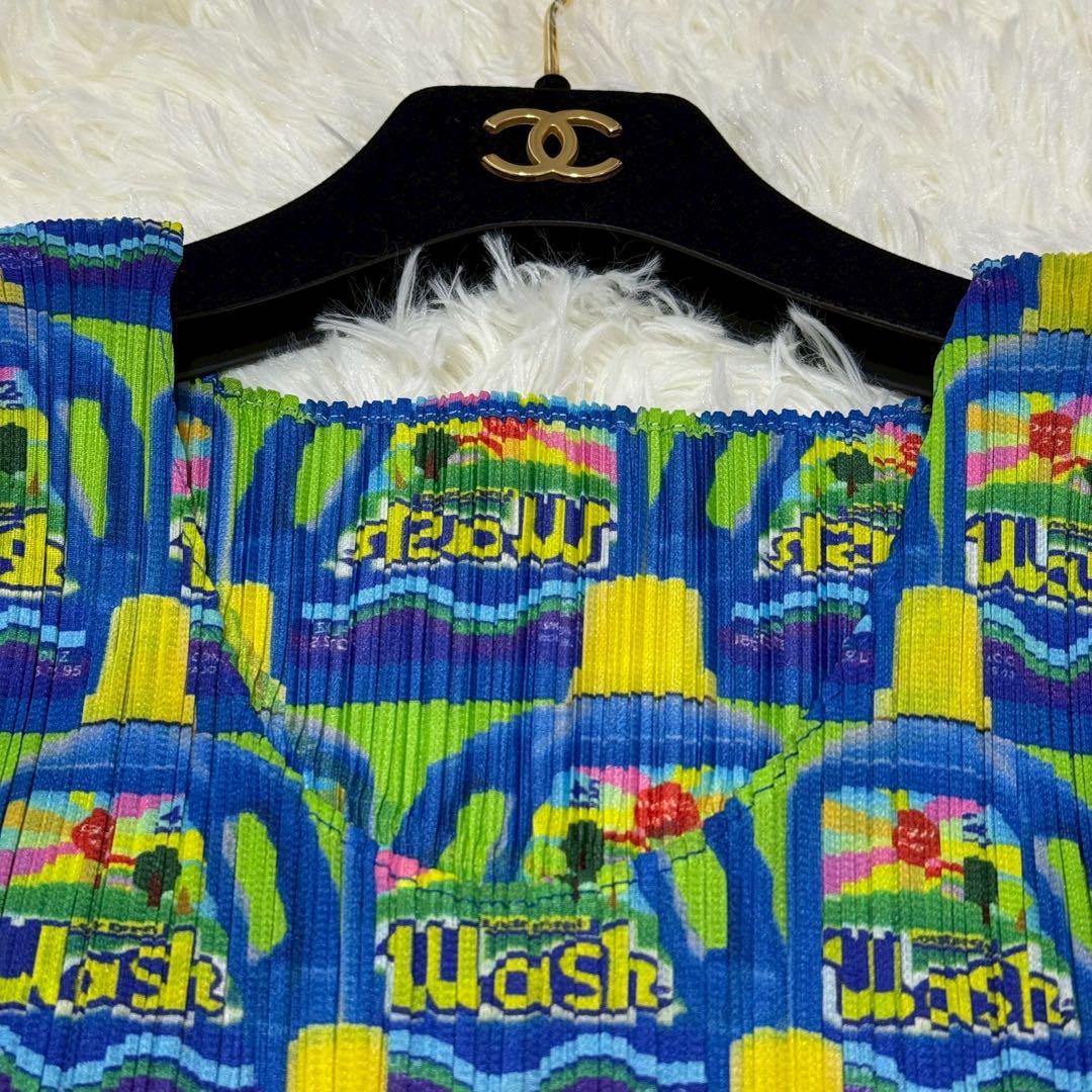 希少 プリーツプリーズ 洗剤柄 WASH ノースリーブ トップス 総柄 L相当