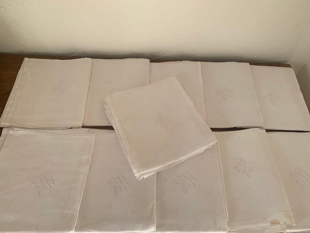 フランス 蚤の市 イニシャル刺繍 コットン クロス 12枚セット