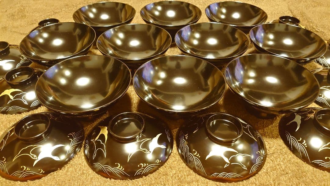 輪島塗 漆器 金蒔絵 蒔絵 蓋椀 波千鳥 人間国宝 10客