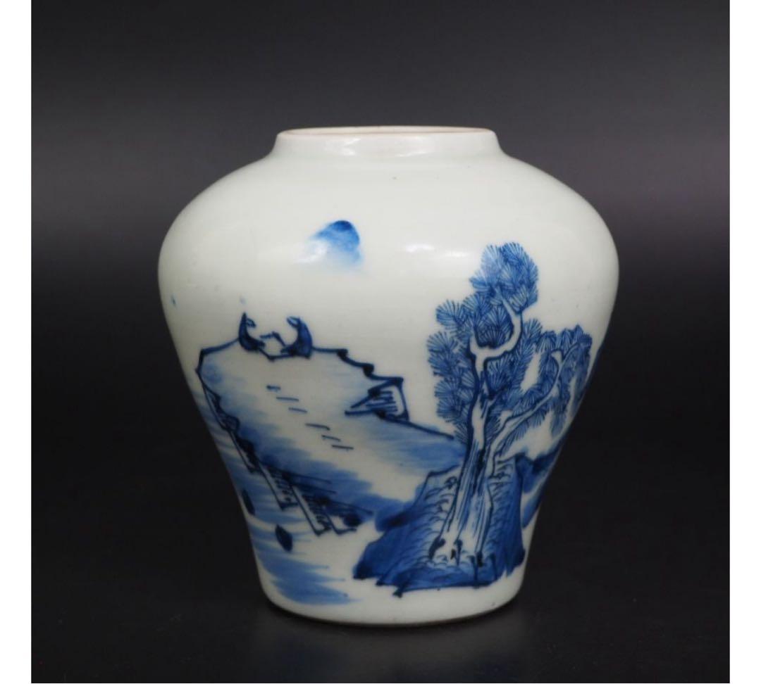 送料無料　旧家蔵出　江戸時代　山水高士図壺　木箱付