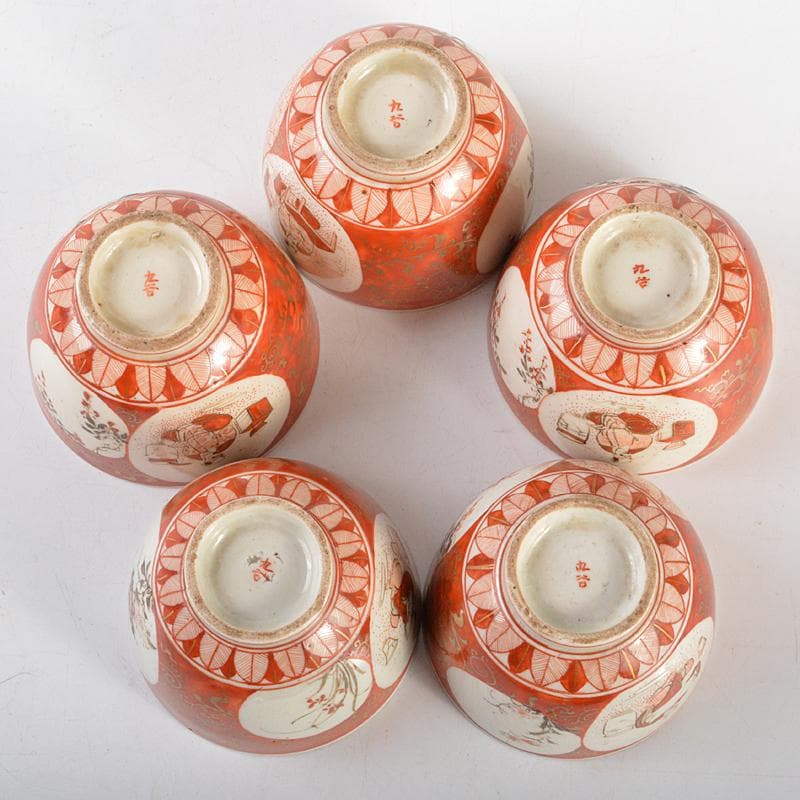 煎茶道具 九谷焼 赤絵金彩 人物花文 煎茶碗 五客 碗筒付 M R7118