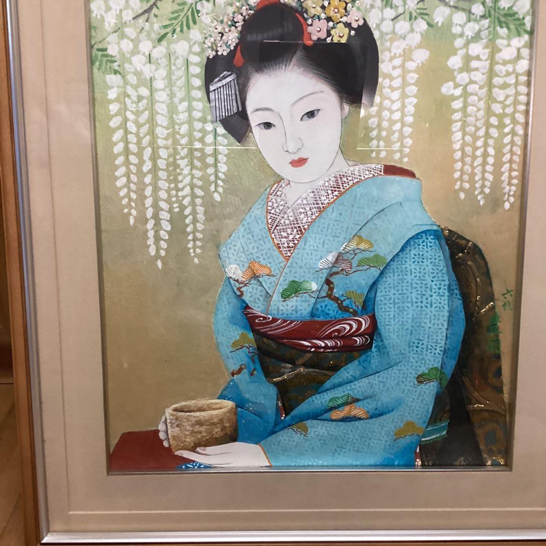 六代目歌川豊国作　　日本画板画　【　舞妓　野点茶図　】　木枠額装　手描き