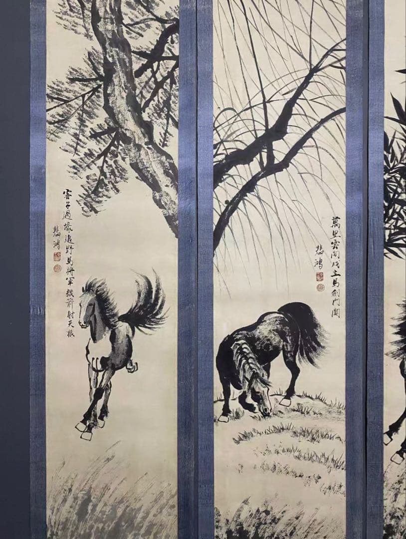 【旧蔵逸品・純手描き】徐悲鴻款 四条屏 中堂画「駿馬図」宣紙手描き