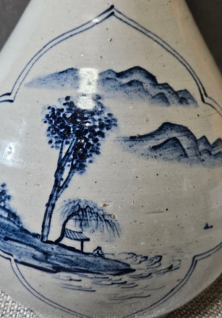 李朝 青華 染付 楼閣山水人物図 大瓶 大壺 高 約37.2