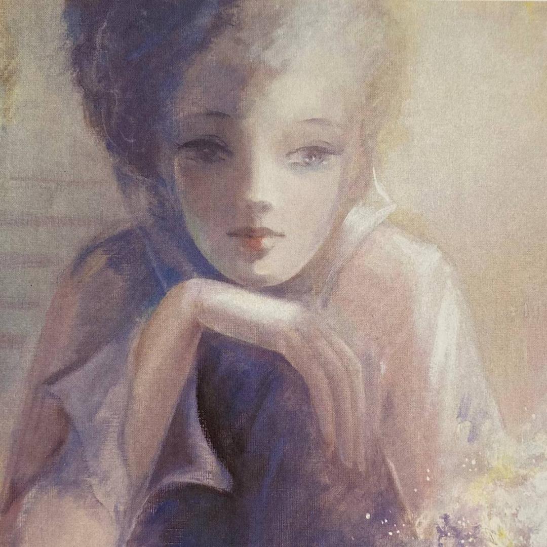 渡辺芳文、【窓辺】、希少な画集より、新品額装付、マット額装付き