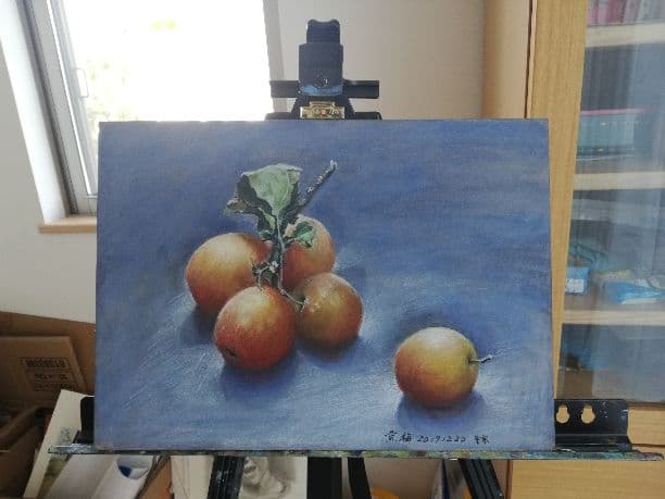 「姫林檎」、mix media，木板和紙、額装つき