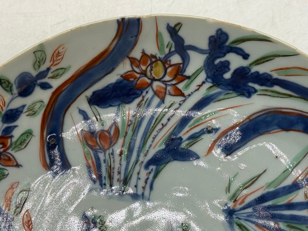 中国 明時代 南京赤絵草花捻文皿 青華五彩 共箱 アンティーク 送料