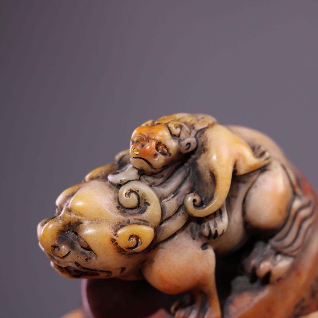 旧家蔵出 文房具 古美術 神獣・親子 細工彫刻 寿山石 印鑑 時代物