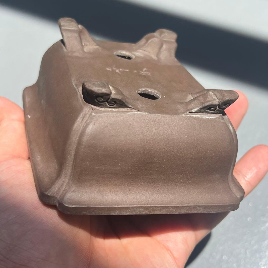 536.幸乐 紫泥隅角雲足長方 盆栽鉢 植木鉢 11.1*9.3*4.6cm