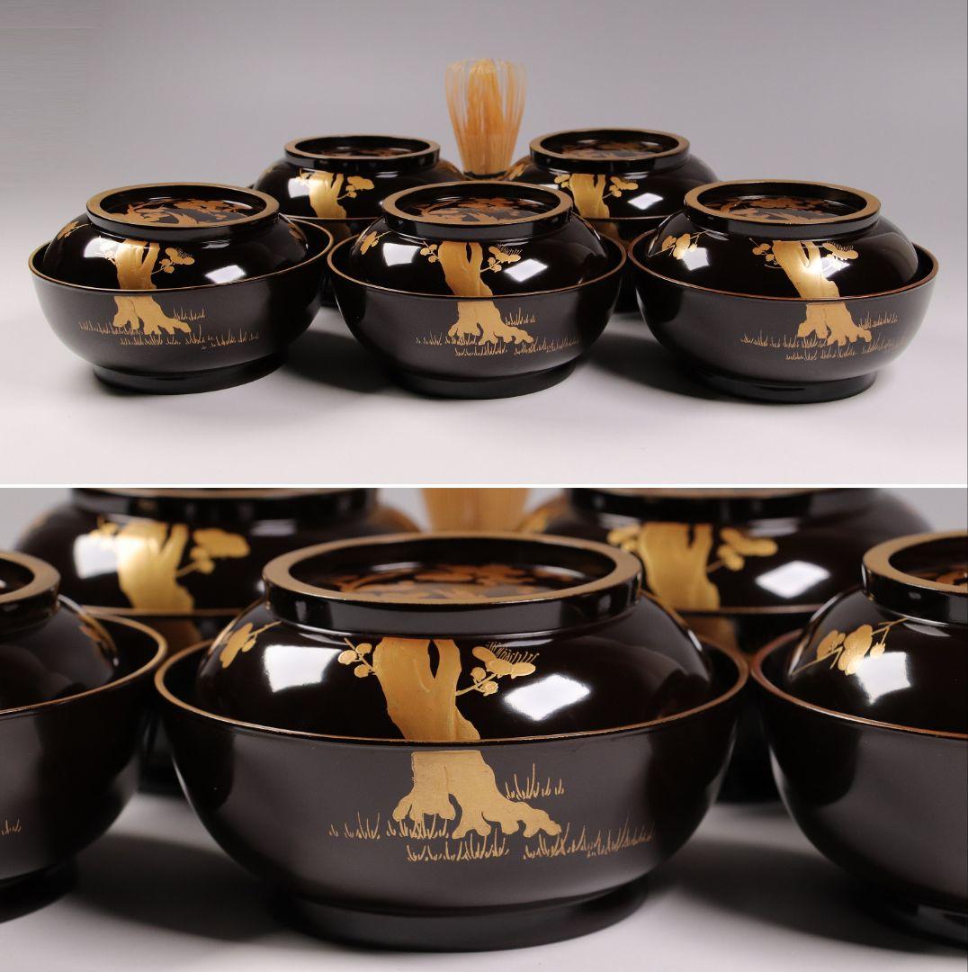 CG79 時代輪島塗 梅金蒔絵 金縁 黒塗椀 五客 木製漆器 / 懐石煮物吸物