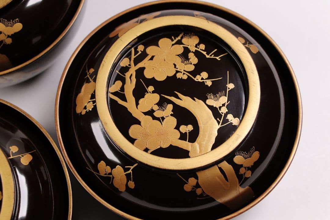 CG79 時代輪島塗 梅金蒔絵 金縁 黒塗椀 五客 木製漆器 / 懐石煮物吸物