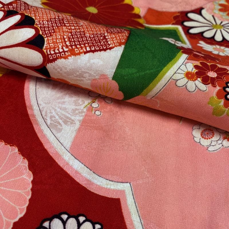 504ag45◎七五三 七歳 女児 アンティーク 総柄 扇梅菊 着物&丸帯◎