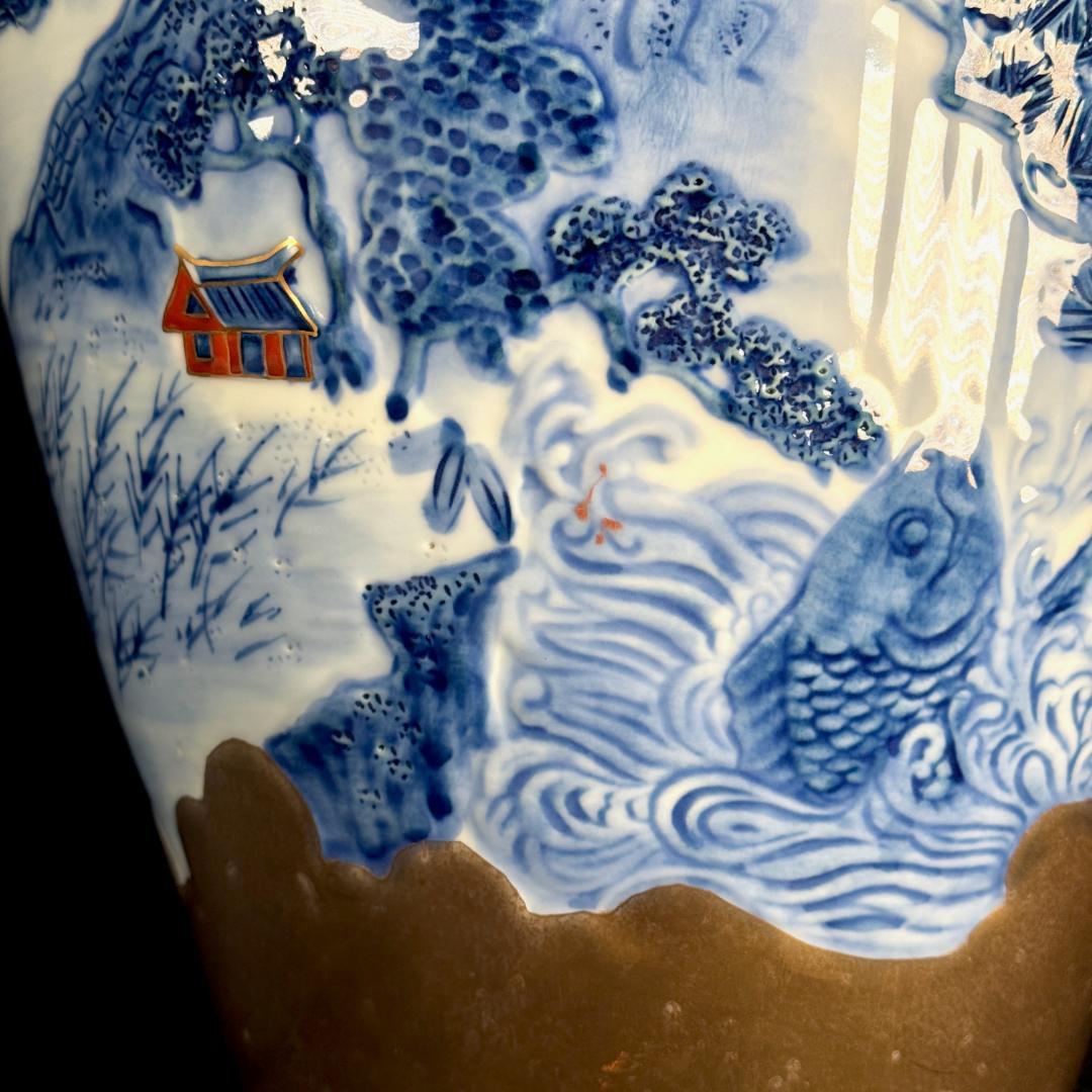 有田焼 緒方松右衛門 金彩染付楼閣山水瀑布文特大壺 高さ