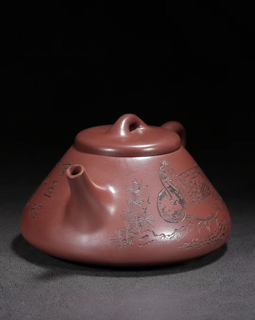 中国古美術・原鉱赤泥子冶石瓢紫砂壺・底款：景