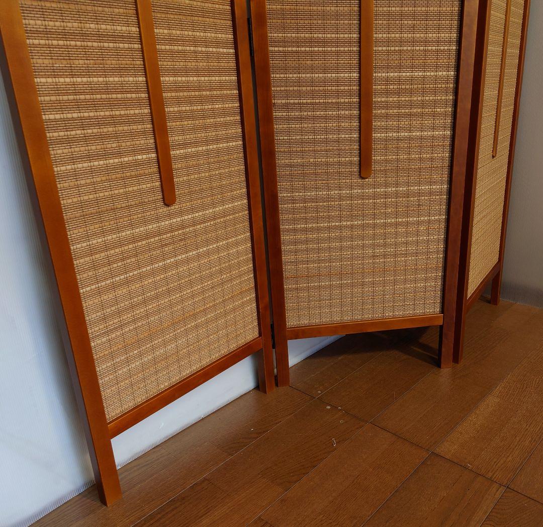 パーテーション 3連衝立 ライトブラウン色フレーム 天然燻し竹簾使用衝立 B