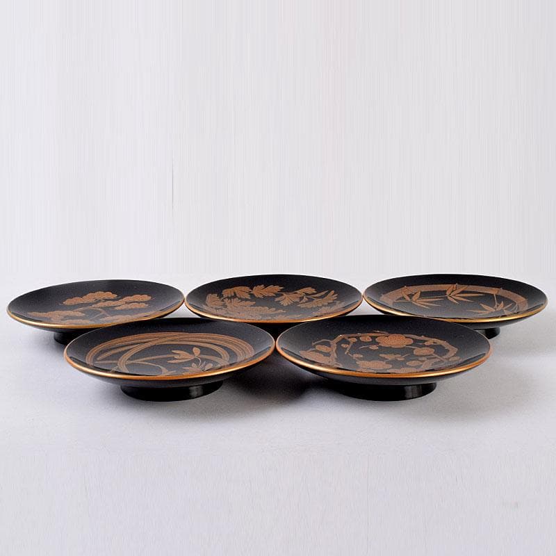 和食器　輪島塗　高崎秋峰作　高台寺蒔絵　五聖絵替　銘々皿　五客　共箱　C8533