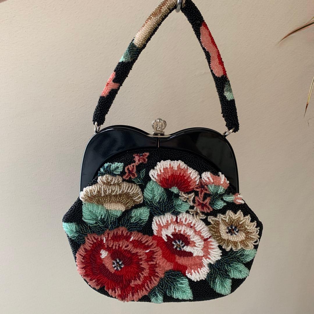 花柄　総ビーズ　ハンドバッグ　ビーズバッグ　和装　パーティ　昭和レトロ