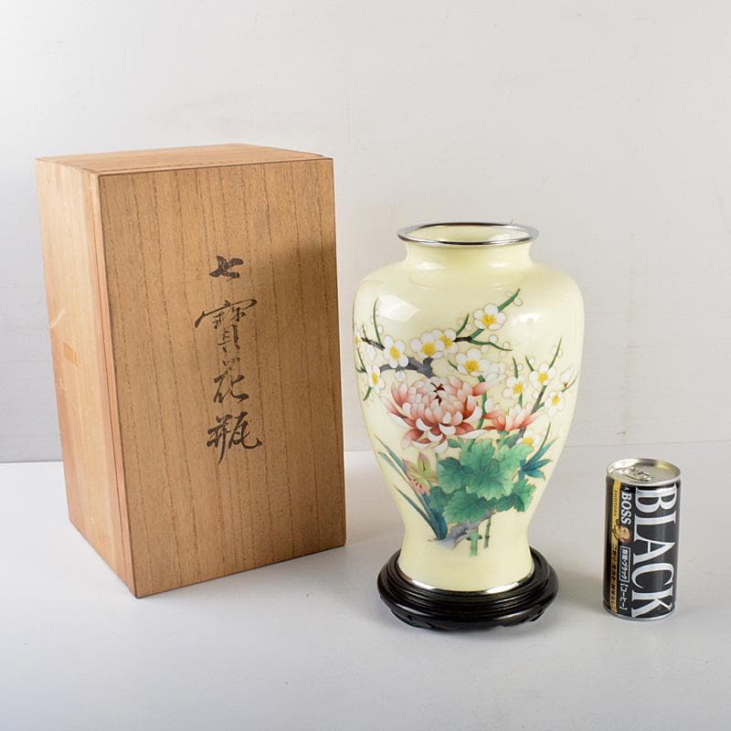 七宝焼　花文　花瓶　唐木台　桐箱付　M　R5684 七宝焼 花文 花瓶 唐木台 桐箱付 M R5684